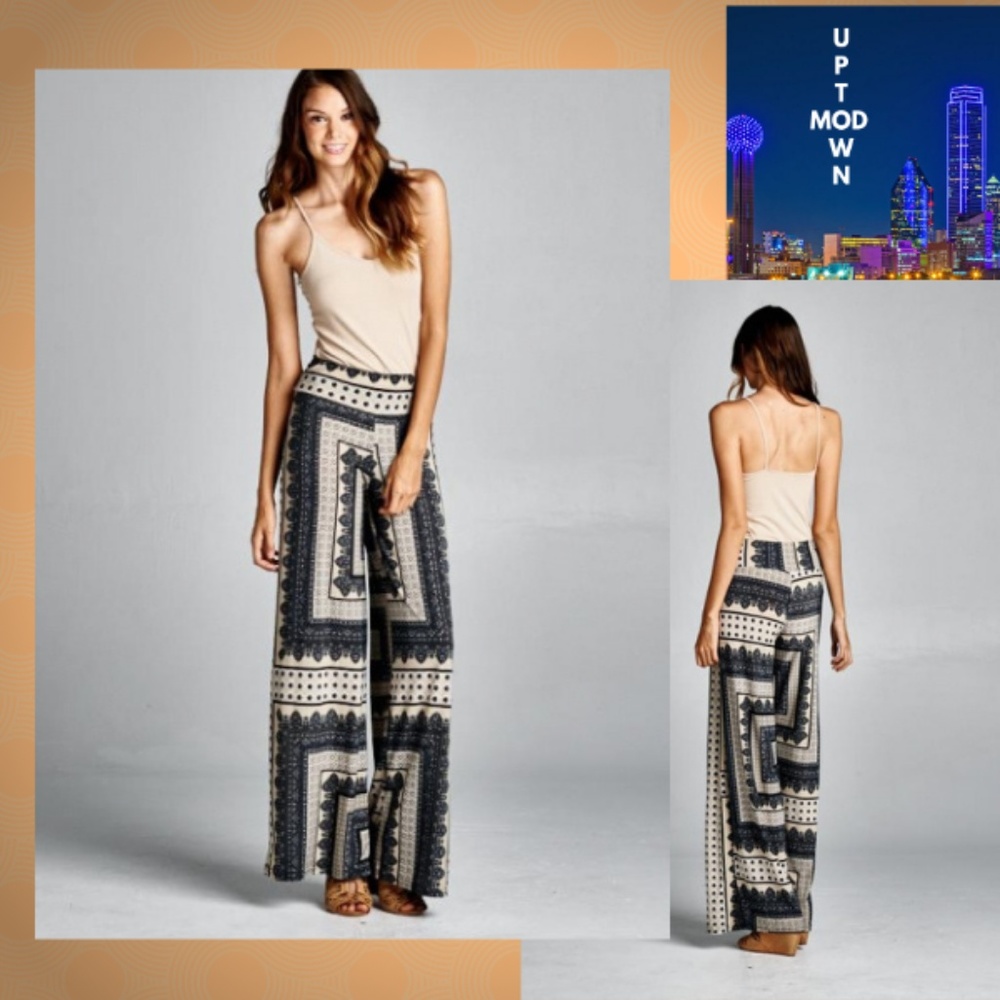 Patterned Palazzo Pants Women Sz L/XL Cream/black